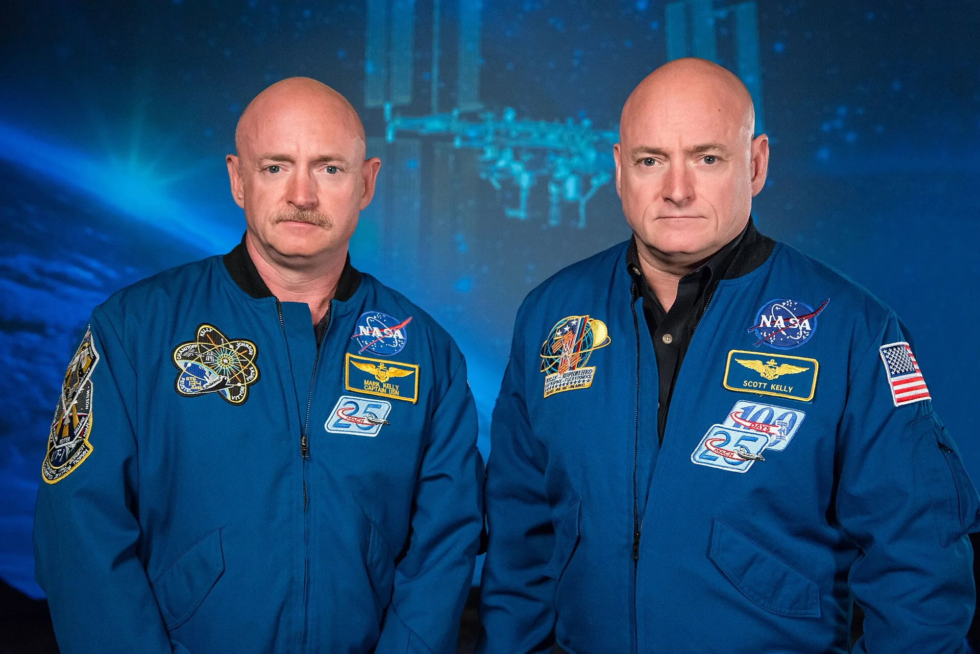 NASA Expedition 45/46 Commander, astronaut Scott Kelly (right) and his brother, former astronaut Mark Kelly, speak to news media outlets on Jan. 19, 2015 at the Johnson Space Center in Houston, Texas. The subject is Scott Kelly's upcoming 1-year mission aboard the International Space Station. Lookalike face matches: what a side-by-side photo test really shows