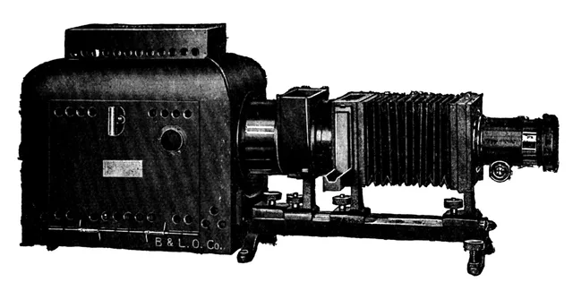 caption: "Fig. 34. Magic Lantern of the Lathe-Bed Type with a Three-Lens Condenser and Water-Cell. (Model D, Balopticon; Cut loaned by the Bausch & Lomb Optical Co.).". Lookalike quizzes history: from lookalike contests to Stars in Their Eyes and Art Selfie