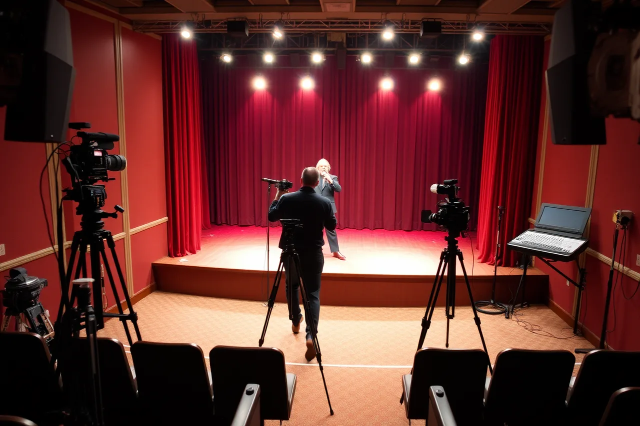 Two-camera audition tape setup in a rented showroom (Las Vegas tribute-artist contracts, pay and residency rules)