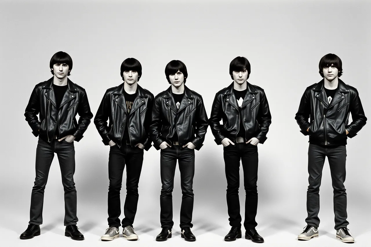 Four Ramones in identical leather jackets and bowl haircuts, studio publicity shot (Musician lookalikes pairs, tested against experience)